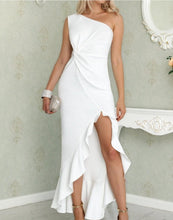 Load image into Gallery viewer, One Shoulder Side-Sit Flounced Dress