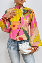 Load image into Gallery viewer, Floral Smocked Lantern Sleeve Mock Neck Blouse