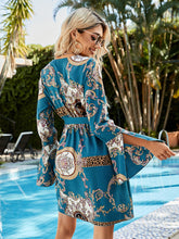 Load image into Gallery viewer, Printed Tie Belt Slit Flare Sleeve Dress