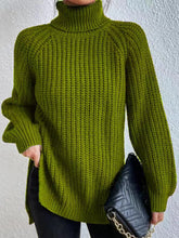 Cargar imagen en el visor de la galería, Full Size Turtleneck Rib-Knit Slit Sweater
