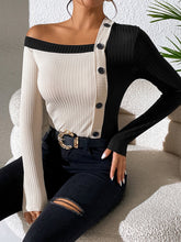 Load image into Gallery viewer, Asymmetrical One Shoulder Contrast Color Buttoned Blouse

