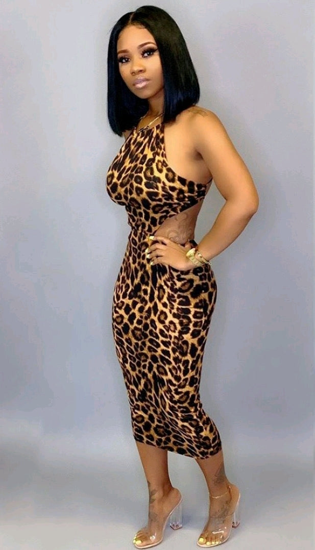cut out leopard dress Short Sleeve Tie Front Side Cut Out Leopard Maxi Dress - SMALL / NATURAL