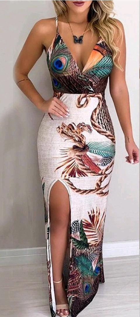 Stylish V-Neck Peacock Dress