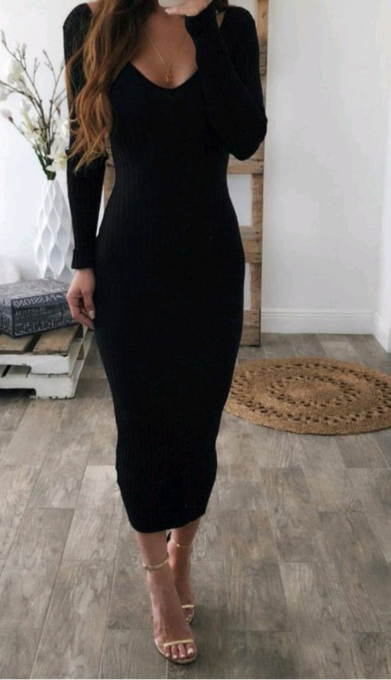 black dress v neck long sleeve Lovely V Neck Long Sleeve Fitted Dress – Soft & Luscious